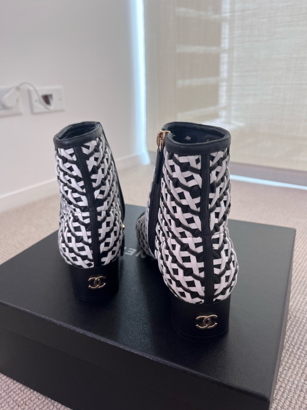 CHANEL Black and White Woven Logo Ankle Booties - Picture 3 of 5